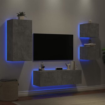 4-delige tv-wandmeubelset met LED-verlichting betongrijs 4