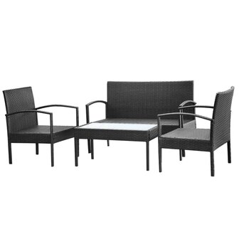 4-delige Loungeset met kussens poly rattan zwart 4