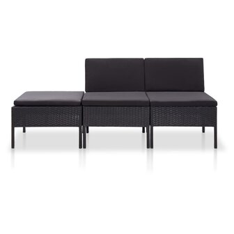 3-delige Loungeset met kussens poly rattan zwart 2