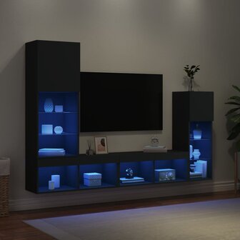 7-delige tv-wandmeubelset met LED bewerkt hout zwart 4