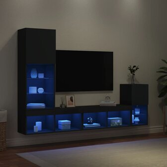 7-delige tv-wandmeubelset met LED bewerkt hout zwart 4