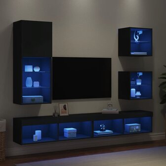 5-delige Tv-wandmeubelset met LED bewerkt hout zwart 4