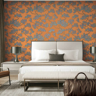 DUTCH WALLCOVERINGS Behang Pine Tree blauw en oranje 1