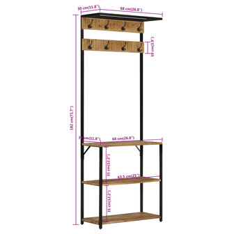 Kapstok met schoenenrek 68x30x182 cm massief ruw mangohout 7