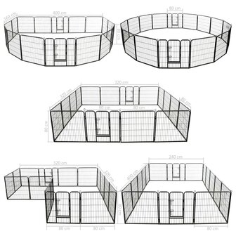 Hondenren met 16 panelen 80x80 cm staal zwart 8