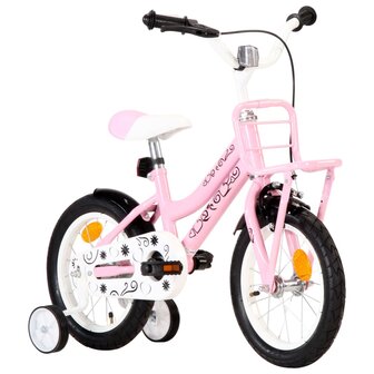 Kinderfiets met voordrager 14 inch wit en roze 2