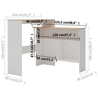 Bartafel met 2 tafelbladen 130x40x120 cm wit en eikenkleurig 10