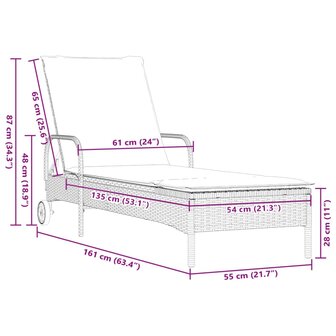 Ligbed met wielen en kussen poly rattan zwart 10