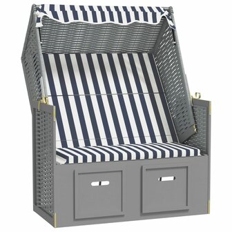 Strandstoel met luifel poly rattan en massief hout blauw en wit 2