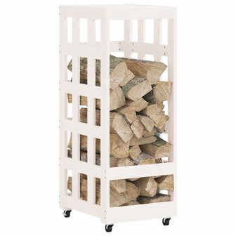 Houtblokhouder met wielen 40x49x110 cm massief grenenhout wit 3