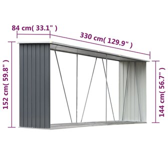 Haardhoutschuur 330x84x152 cm gegalvaniseerd staal grijs 6