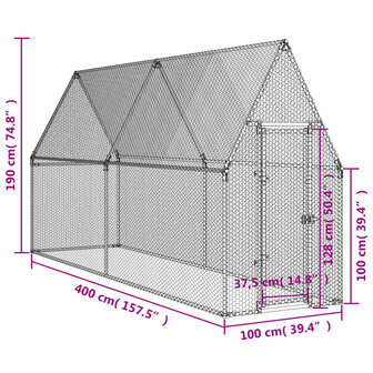 Kippenhok 400x100x190 cm gegalvaniseerd staal zilverkleurig 10
