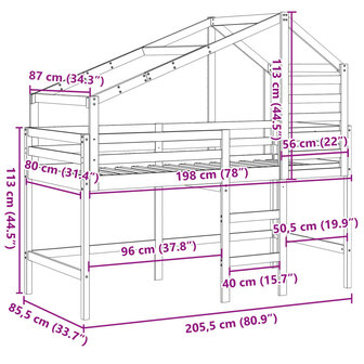 Halfhoogslaper met ladder en bedhuis grenenhout 80x200 cm 12