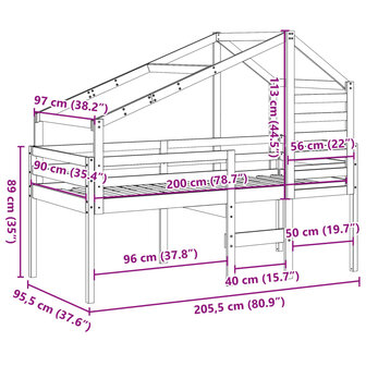 Halfhoogslaper met ladder en bedhuis grenenhout wit 90x200 cm 12