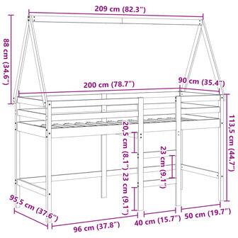 Halfhoogslaper met ladder en bedhuis grenenhout 90x200 cm 12