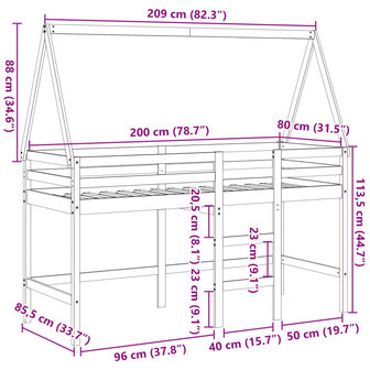 Halfhoogslaper met ladder en bedhuis grenenhout wit 80x200 cm 12