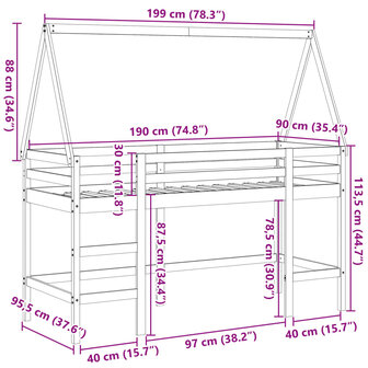 Halfhoogslaper met ladder en bedhuis grenenhout 90x190 cm 12