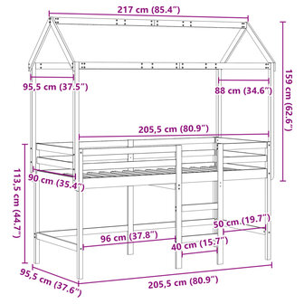 Halfhoogslaper met ladder en bedhuis grenenhout 90x200 cm 12