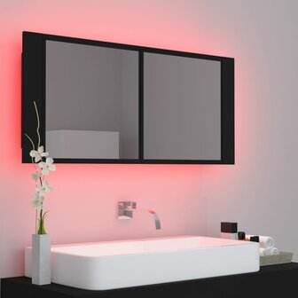 Badkamerkast met spiegel en LED 100x12x45 cm acryl zwart 11