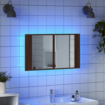 Badkamerkast met spiegel LED 80x12x45 acryl bruin eikenkleur 4