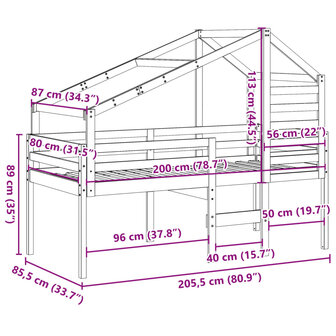 Hoogslaper met dak massief grenenhout wit 80x200 cm 12