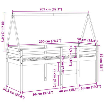 Hoogslaper met dak massief grenenhout wit 90x200 cm 12