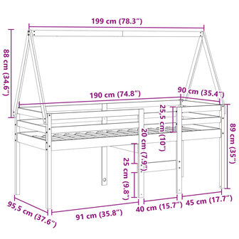 Hoogslaper met dak massief grenenhout wasbruin 90x190 cm 12