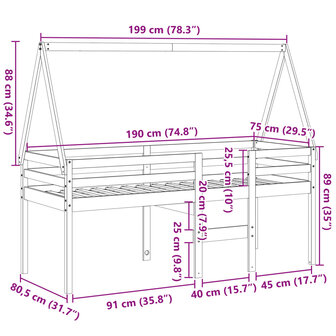 Hoogslaper met dak massief grenenhout wasbruin 75x190 cm 12