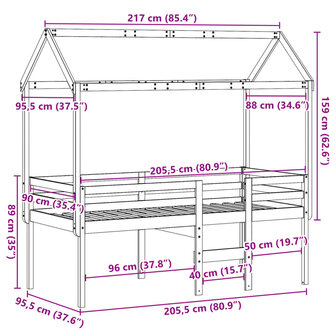 Hoogslaper met dak massief grenenhout 90x200 cm 12