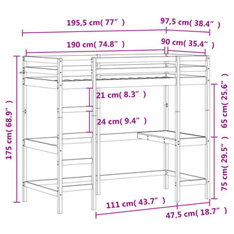 Hoogslaper met bureau massief grenenhout wasbruin 90x190 cm 10