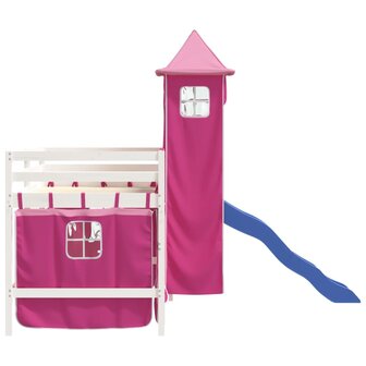 Kinderhoogslaper met toren 90x200 cm massief grenenhout roze 6