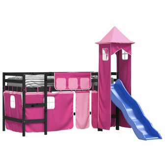 Kinderhoogslaper met toren 90x200 cm massief grenenhout roze 3