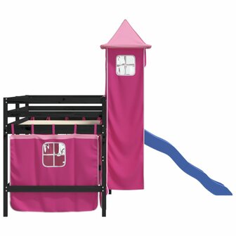 Kinderhoogslaper met toren 90x200 cm massief grenenhout roze 6