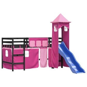 Kinderhoogslaper met toren 90x190 cm massief grenenhout roze 4