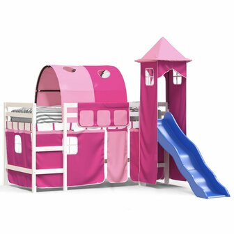 Kinderhoogslaper met toren 80x200 cm massief grenenhout roze 2