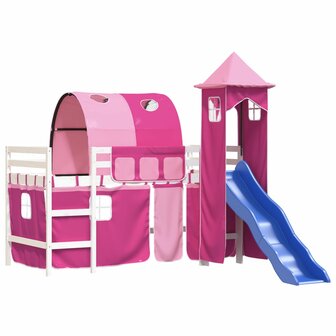 Kinderhoogslaper met toren 80x200 cm massief grenenhout roze 4