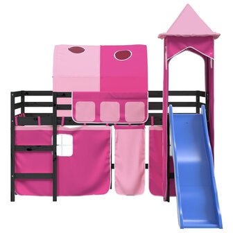 Kinderhoogslaper met toren 80x200 cm massief grenenhout roze 5