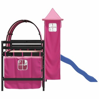 Kinderhoogslaper met toren 80x200 cm massief grenenhout roze 6