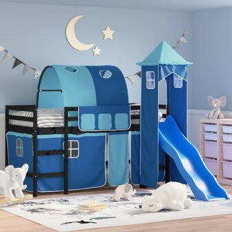 Kinderhoogslaper met toren 90x190 cm massief grenenhout blauw 1