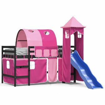 Kinderhoogslaper met toren 90x190 cm massief grenenhout roze 2