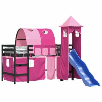 Kinderhoogslaper met toren 90x190 cm massief grenenhout roze 3