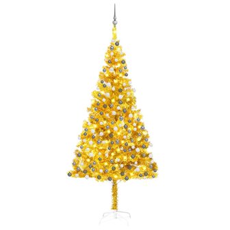 Kunstkerstboom met verlichting en kerstballen 210 cm PET goud 1