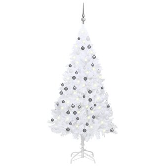 Kunstkerstboom met verlichting en kerstballen 180 cm PVC wit 1