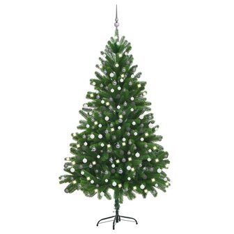 Kunstkerstboom met verlichting en kerstballen 210 cm groen 1