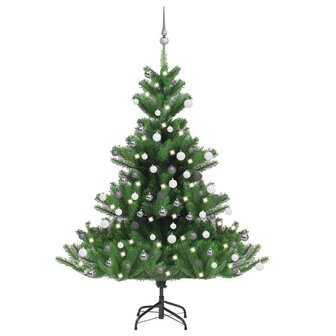 Kunstkerstboom Nordmann met LED&amp;apos;s en kerstballen 150 cm groen 1