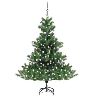 Kunstkerstboom Nordmann met LED&amp;apos;s en kerstballen 210 cm groen 1