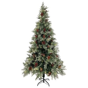 Kerstboom met LED en dennenappels 225 cm PVC en PE groen en wit 3