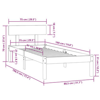 Bedframe massief hout 75x190 cm 9