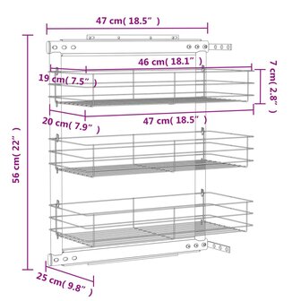 Draadmand keuken uittrekbaar 3-laags 47x25x56 cm zilverkleurig 10