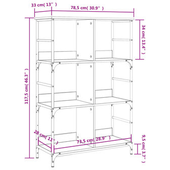 Boekenrek 78,5x33x117,5 cm bewerkt hout grijs sonoma eikenkleur 9